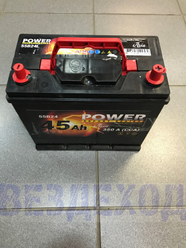 Аккумулятор POWER 6ст45 а/ч ток-350А  обратная полярность тонкие клеммы